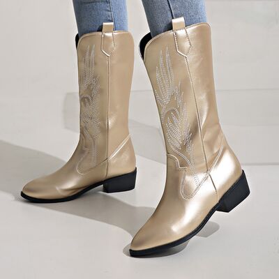 Gold Embroidered Point Toe Block Heel Boots