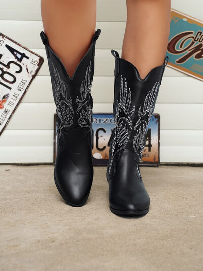 Black Embroidered Point Toe Block Heel Boots
