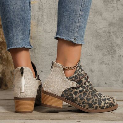 Leopard Contrast Canvas Low Heel Boots