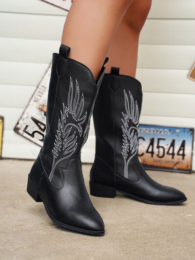 Black Embroidered Point Toe Block Heel Boots